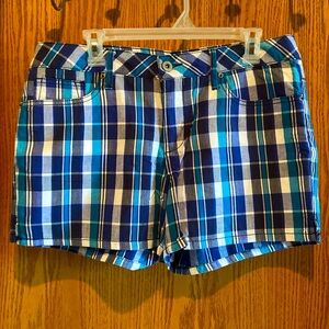 Faded Glory shorts, size 12, navy, white and aqua blue plaid.